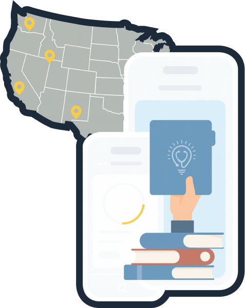 Map of the United States with smartphone interfaces showing credential management